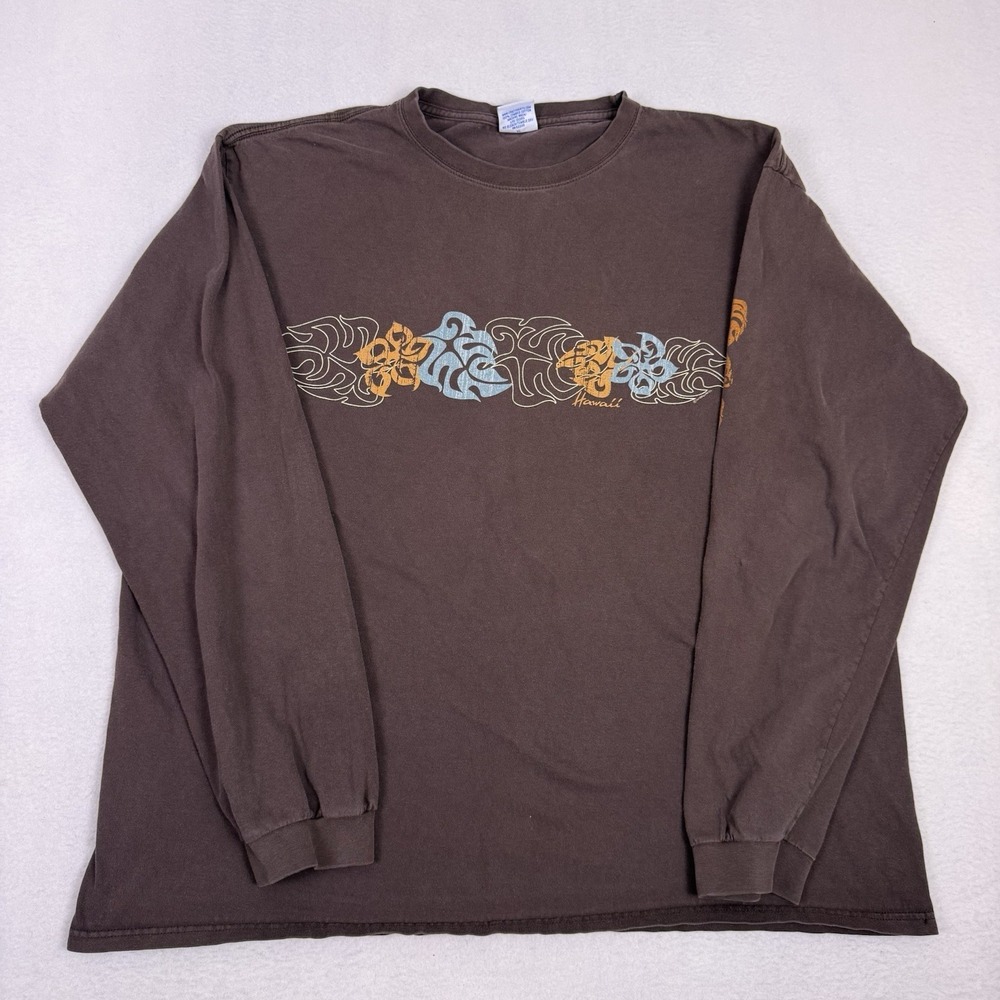 Crazy Shirts Hawaii Long Sleeve XL Brown Tribal Monstera Floral Graphic Tee